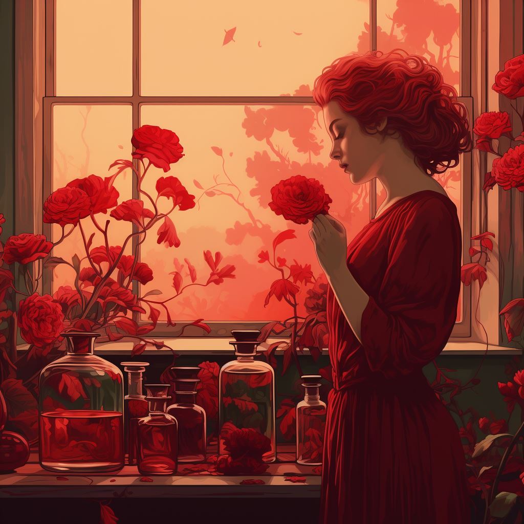 Czerwonowłosa kobieta w szkarłatnej sukni kontemplująca kwiat w pomieszczeniu pełnym róż, atmosfera spokoju i romantyzmu.